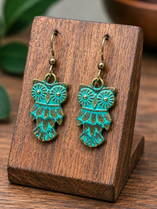 Boutique Jewelry - Patina Owl Drop Earrings